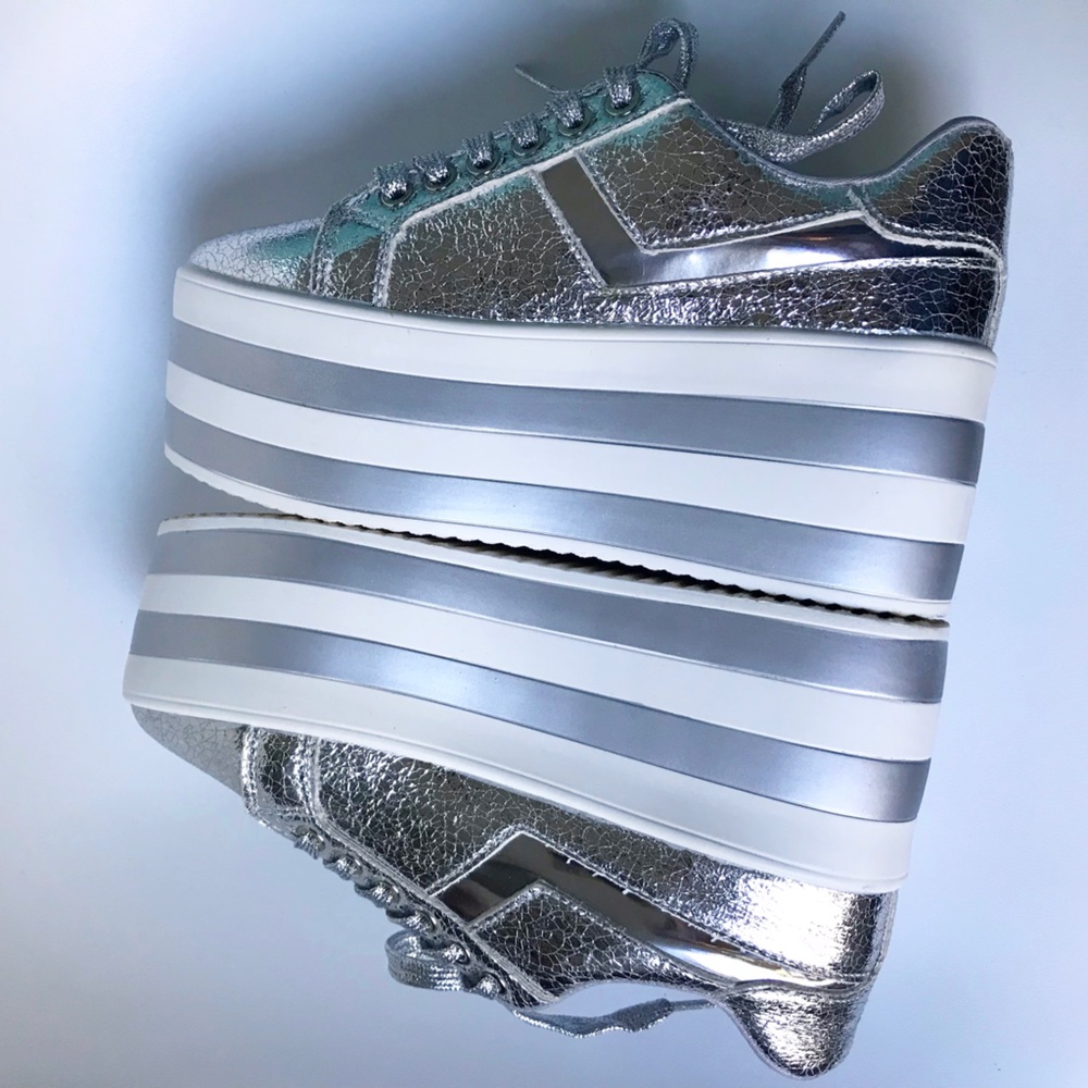 Silver Platform Lace Up Sneakers Size 6